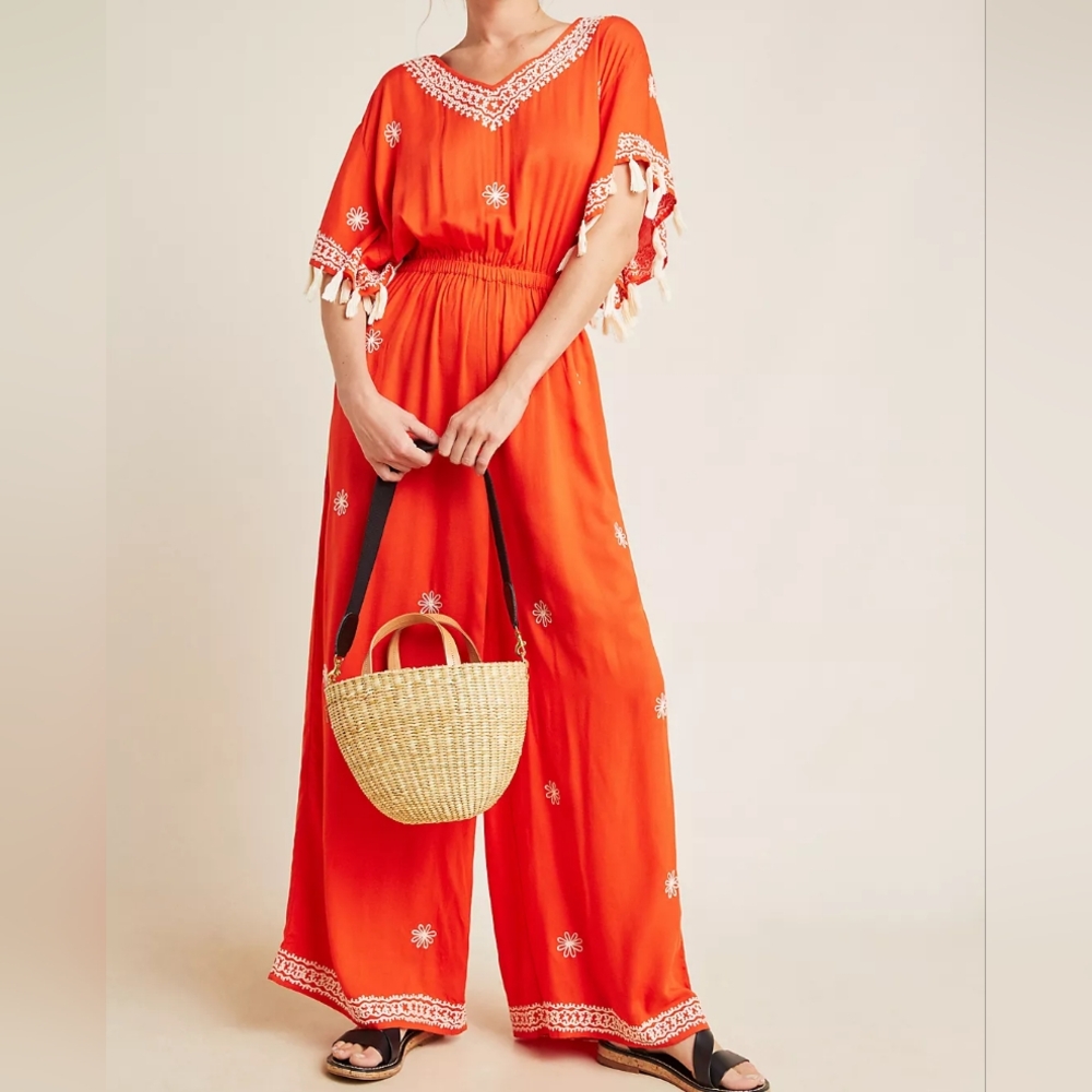 Anthropologie Orange Jumpsuit with V-Neck and Wide-Leg